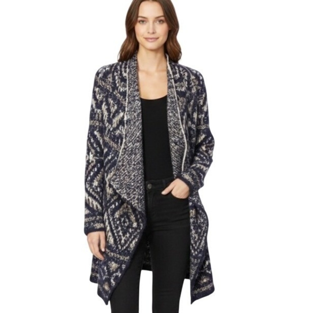 Lucky Brand Small Geometric Open Front Cardigan Sweater Navy Beige Casual Boho